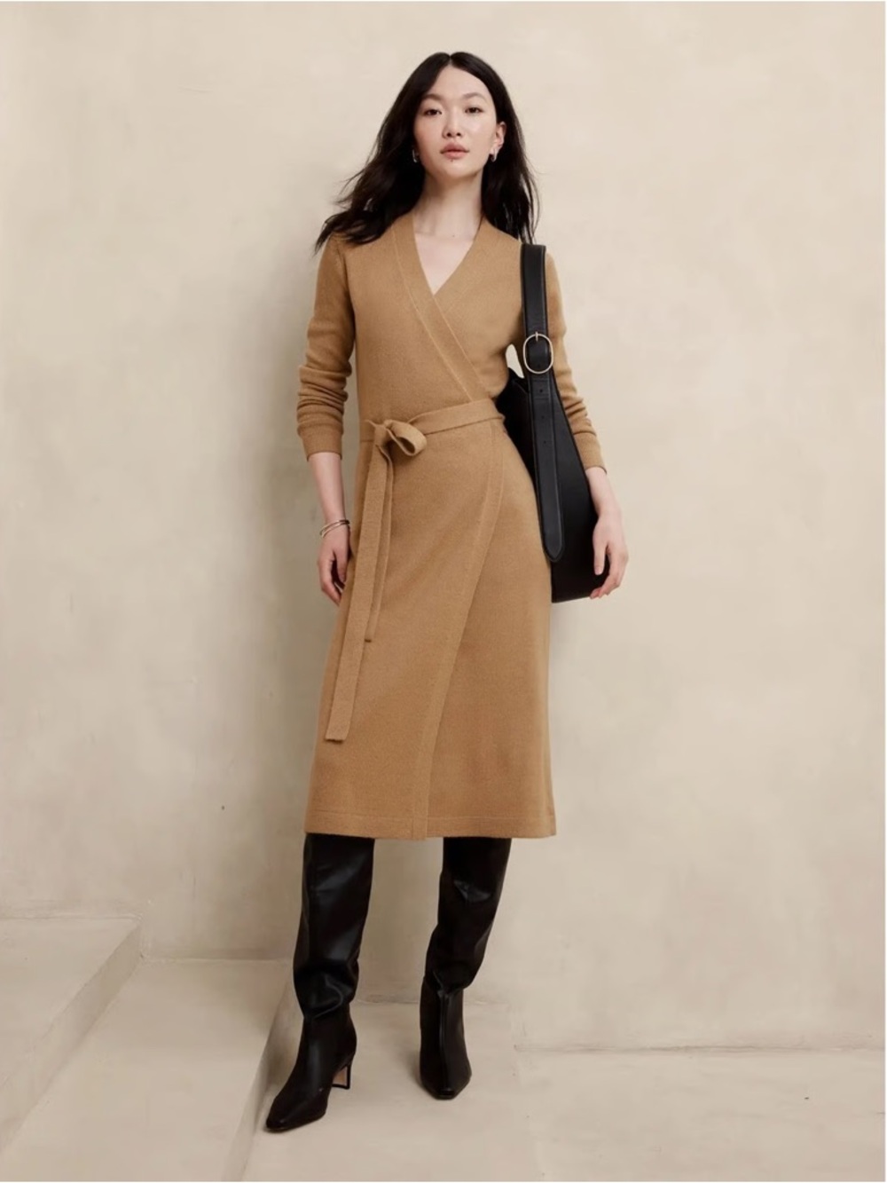 Banana Republic Camel Wrap Knit Midi Dress